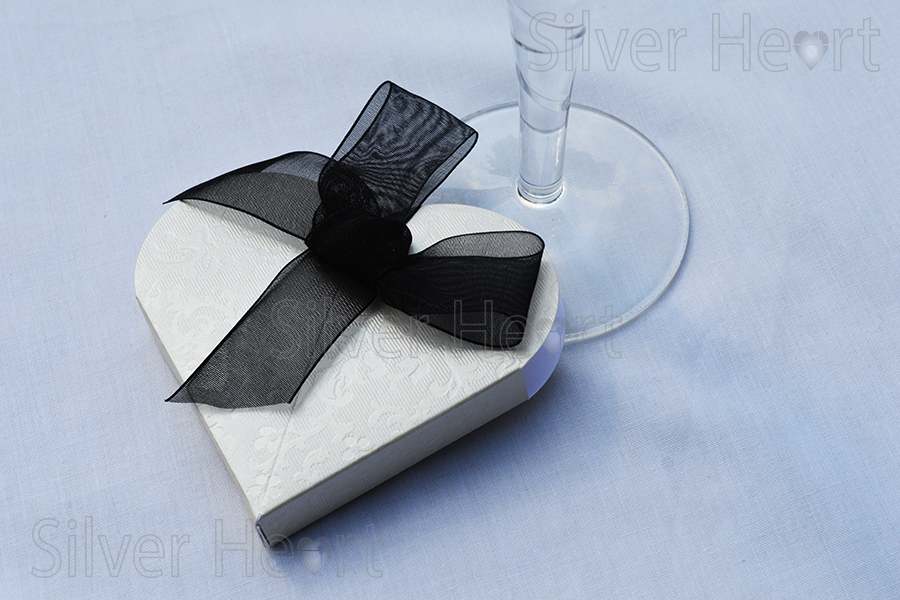 Ivory Applique Heart wedding favour gift box, made from ivory card with a tapestry effect embossed design, 9x10x12cm.