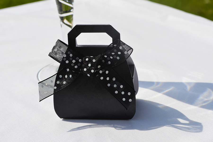 Black broderie clutch bag, wedding favour box measuring 7x8x4cm. 