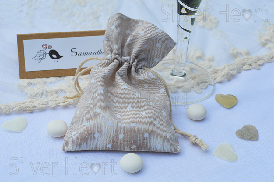 Tiny Heats Hessian  Pouch, wedding favour, gift for guests, made from high quality hessian with small white heart pattern. 10.5x14.5cm.