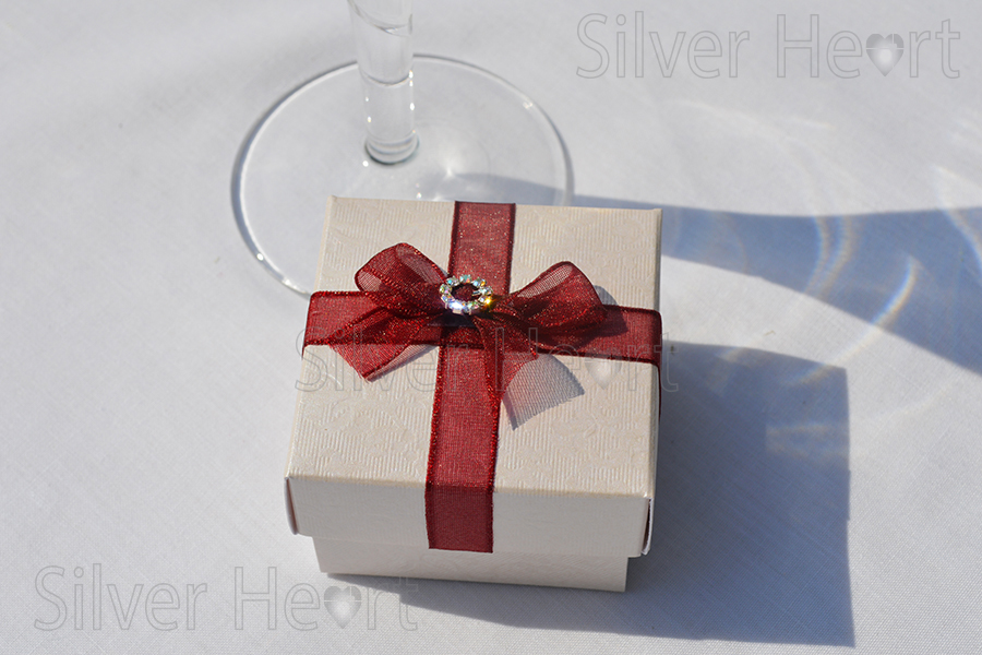 Ivory Applique Box wedding favour,textured card with tapestry design embossed on it, 6x6x4cm.