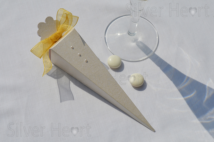 Ivory Applique Cone wedding favour gift  box, made with textured card with tapestry design embossed. 18cmx3.5cm.