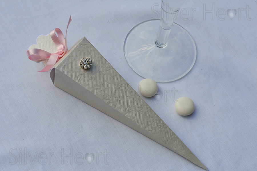 Ivory Applique Cone wedding favour gift box, made from ivory card with tapestry embossed design. 18cmx3.5cm.
