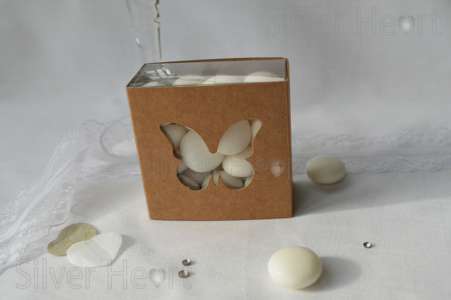 Kraft Butterfly Sleeve Box wedding favour/ gift box, made from recycled kraft vintage, shabby chic look card with butterfly apperture and clear box insert, 6x6x3cm.