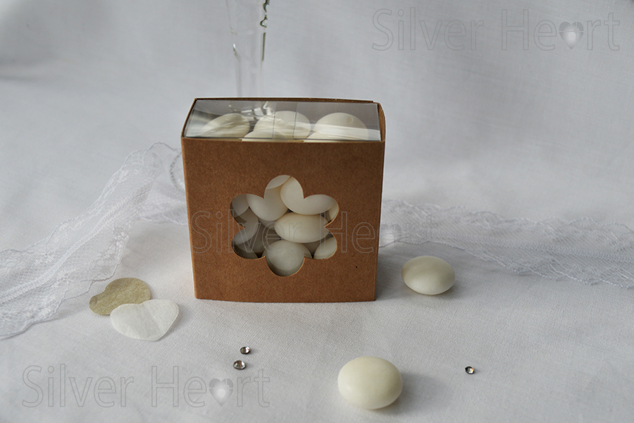 Kraft Flower Sleeve Box wedding favour/ gift box, made from recycled kraft vintage, shabby chic look card with flower apperture and clear box insert, 6x6x3cm.