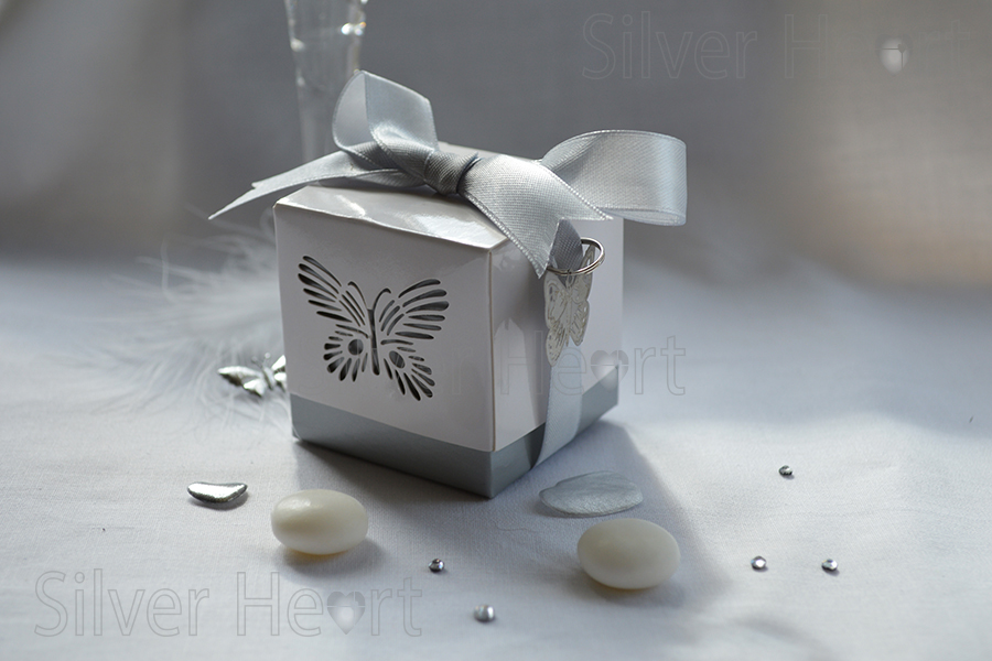 Laser Cut Butterfly wedding favour/ gift box, made from glossy card in two colours with a satin bow and metal butterfly embellishment, 5x5x5cm.