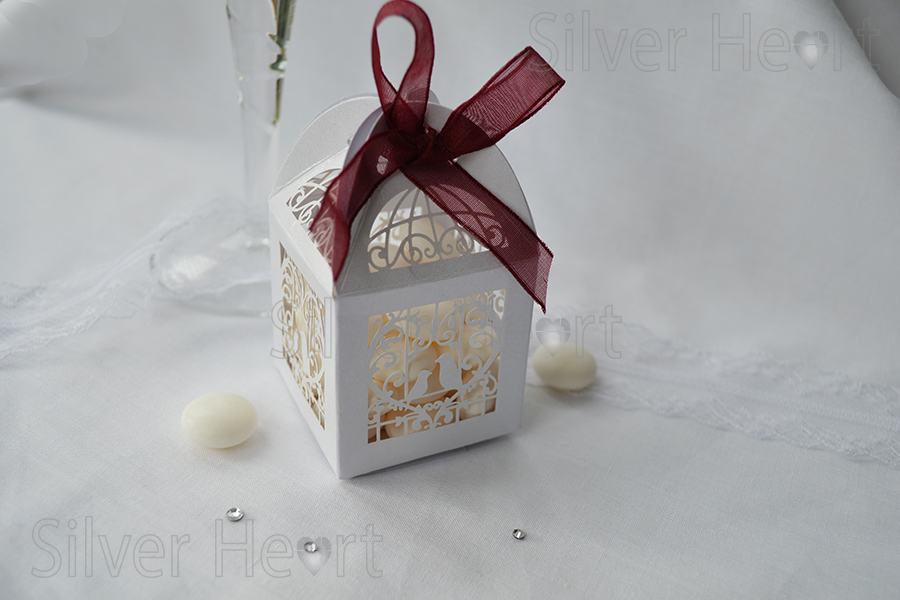 Laser Cut Bird Cage, wedding favour/ gift box, made from pearlescent card , vintage  look, 5x5x8cm.